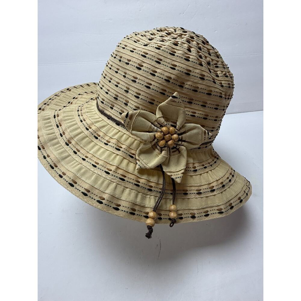 Sun N Sand Headwear Woven Cloche Hat Tan Black Flower Accent One Size